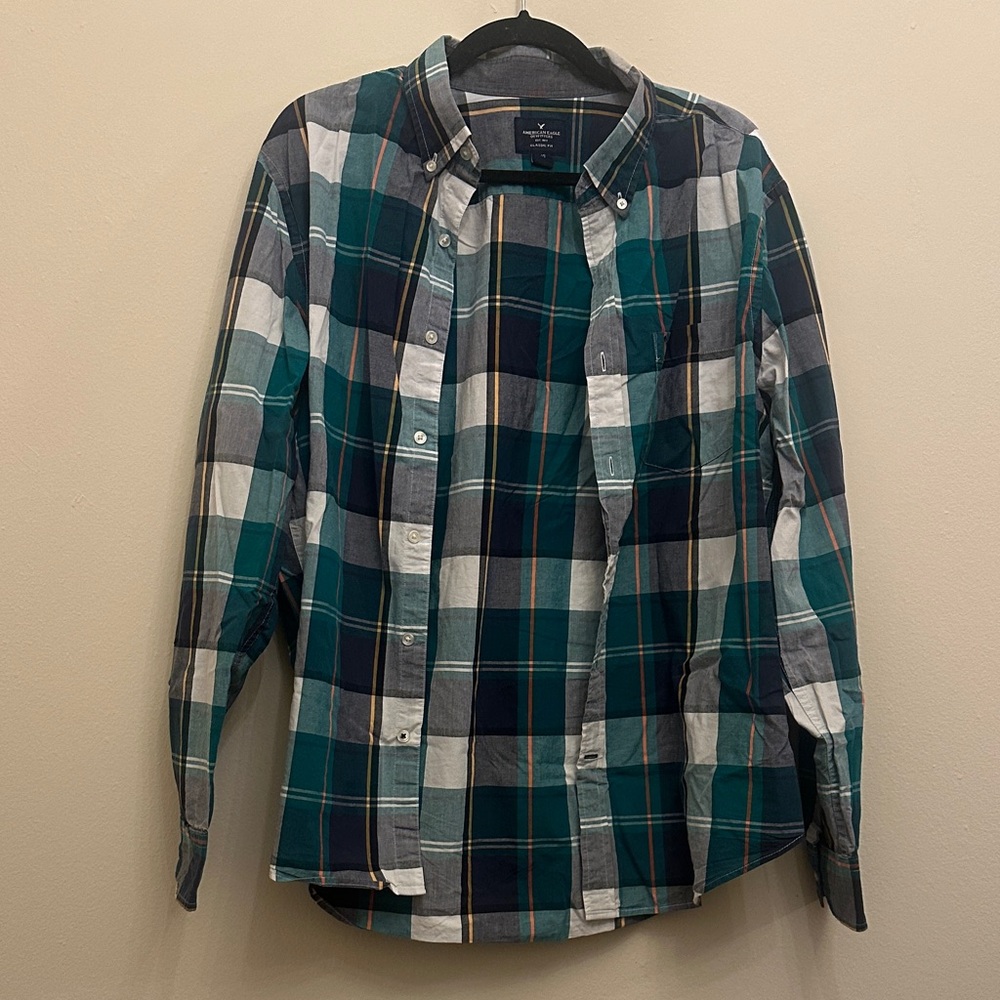 American Eagle Outfitters Plaid Button-up Teal Orange Yellow 100% Cotton Shirt L